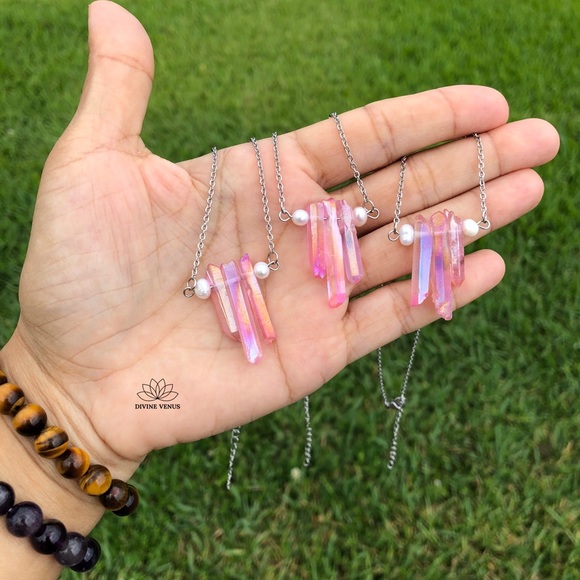 Angel Aura Pink Quartz x Pearls Necklace | Stainless Steel Chain - Picture 7 of 15